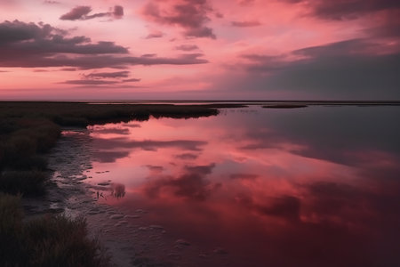 beautiful pink sunset over the sea with reflection in water and cloudsの素材