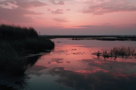 Sunset over a lake in the Netherlands with reflection in the waterの素材