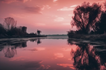 beautiful pink sunset over the lake with reflection of trees in waterの素材