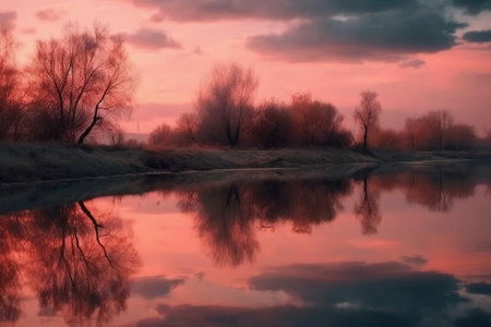 Reflection of trees in the river at sunset. Beautiful nature backgroundの素材