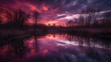 Colorful sunset over the river in winter. Colorful landscape.の素材
