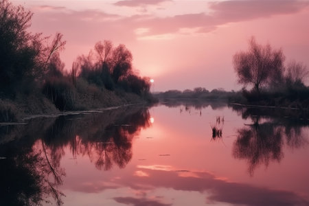 Reflection of trees and clouds in the river at sunset, retro styleの素材