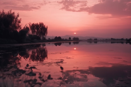 Sunset on the lake in the evening. Beautiful natural background.の素材