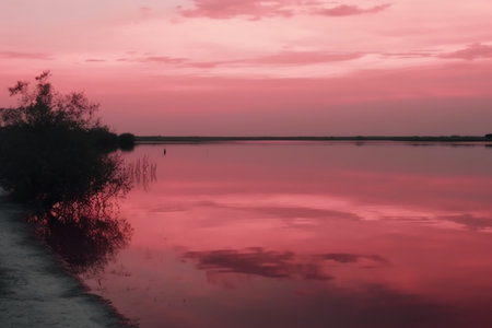 Beautiful pink sunset on the lake with reflection in the water.の素材