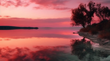 Sunset over the lake with trees reflected in the water, 3d renderの素材