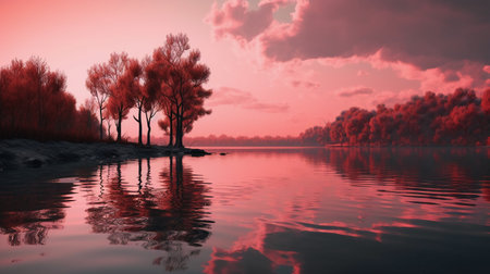 Beautiful sunset over the lake. Landscape with lake and treesの素材