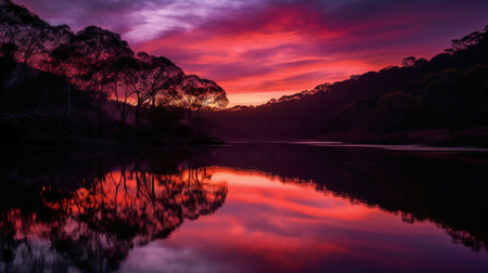 Sunset over a lake in the gum tree forest, Australia.の素材