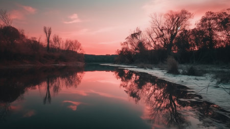 Beautiful winter landscape with river and trees in pink and blue colorsの素材