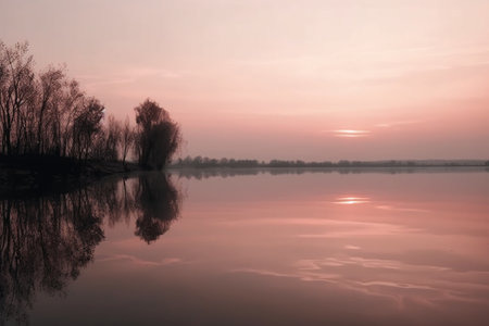 Sunset on the lake in the spring. The sky is pink.の素材