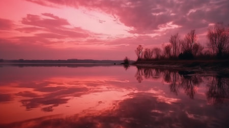 Beautiful sunset on the lake. Colorful sky with clouds reflected in water.の素材