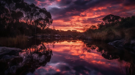 Sunset over a river with reflection in the water, Australia.の素材