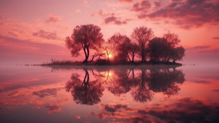 Beautiful sunset over the lake with reflection in water - 3d renderの素材