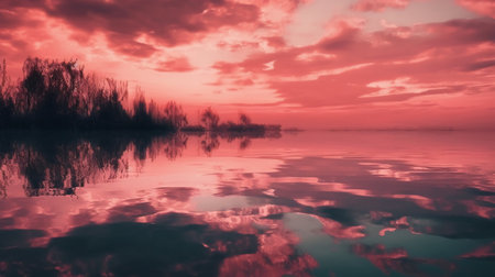 Beautiful sunset on the lake with clouds and sky reflected in waterの素材