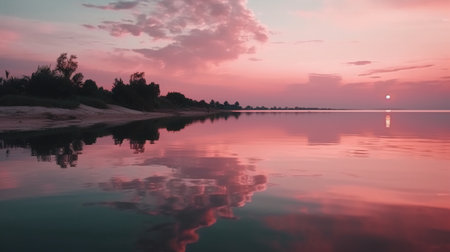 Beautiful sunset over the lake with reflection of the sky and cloudsの素材