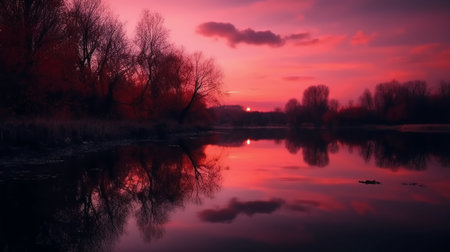 Sunset on the river with trees reflected in the water. Beautiful landscape.の素材