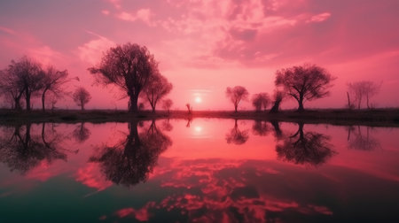 Beautiful sunset over a lake with trees reflected in the water.の素材