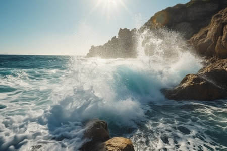 Beautiful seascape with splashing waves on rocky shore.の素材