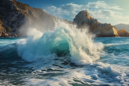 Beautiful seascape with big wave breaking on rocky shore.の素材