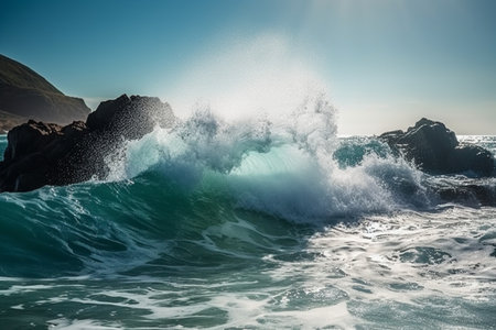 Big wave breaking on the rocks in the ocean. Natural background.の素材