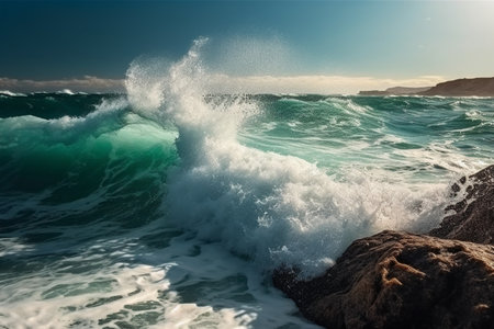 Beautiful seascape with breaking waves on the rocks. Toned.の素材