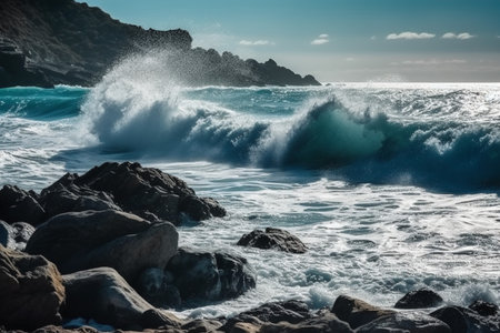 Beautiful seascape with waves crashing on the rocks. Toned.の素材