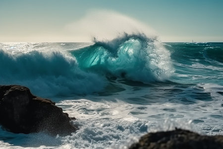 Big wave breaking on the rocks in the Atlantic ocean. Toned.の素材