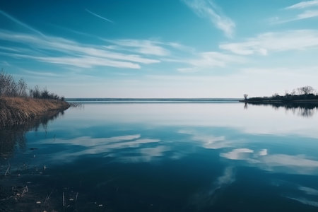 Reflection of the sky and clouds in the water of a lakeの素材