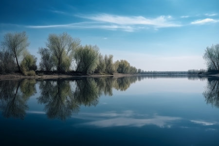 Spring landscape with willow trees on the shore of the lake.の素材
