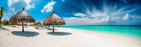 Panorama of beautiful beach with straw umbrellas at Maldivesの素材