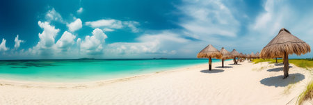 Panoramic view of beautiful beach with straw umbrellas and turquoise waterの素材