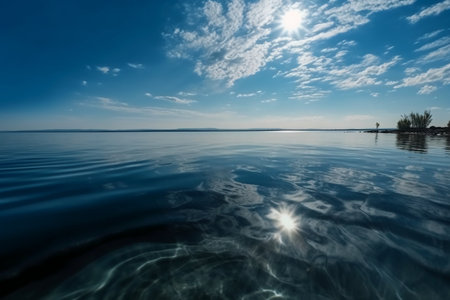 Beautiful seascape with sun and blue sky. Long exposure.の素材