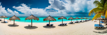 Panorama of beautiful tropical beach at Maldives with sunbeds and umbrellasの素材