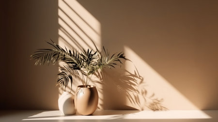 Empty vase with palm leaves on beige wall with shadows. mock upの素材