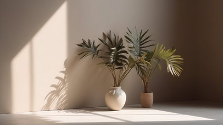 Houseplant in vase on white wall background. Sunlight from the windowの素材