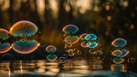 Colorful soap bubbles floating on the surface of the water at sunsetの素材