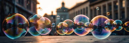 Colorful soap bubbles flying in the air with reflection of the city.の素材