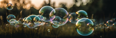 Soap bubbles fly in the air against the background of the setting sun.の素材