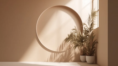 3D render of a modern interior with a round mirror and plantsの素材