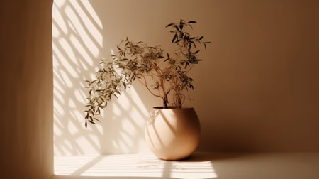 Bamboo in a vase on a white wall with shadows.の素材
