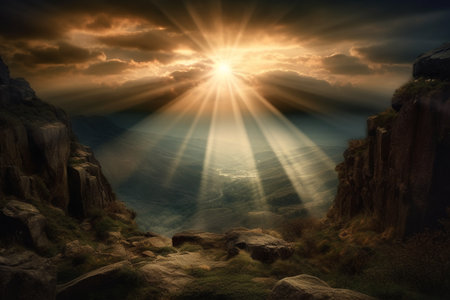 Beautiful sunset in the mountains with sunbeams and lens flareの素材