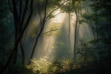 Misty forest with sunbeams shining through tree trunks.の素材