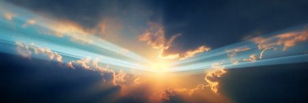 Sunset with clouds and rays of light. Panoramic background.の素材