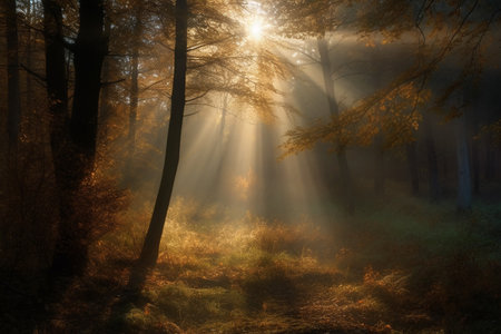 Autumn morning in the forest with sunbeams and lens flareの素材
