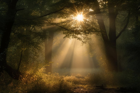 Sun rays in the dark forest with fog and sunbeams.の素材