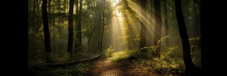 Panoramic view of the sun shining through the trees in the forestの素材