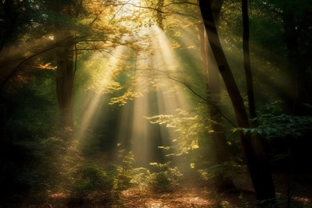 Beautiful forest with sunbeams and rays of light in autumnの素材