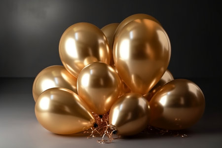 Golden balloons on gray background, 3d render. Festive decorationの素材
