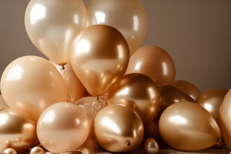 Bunch of golden balloons on a white background, close-upの素材