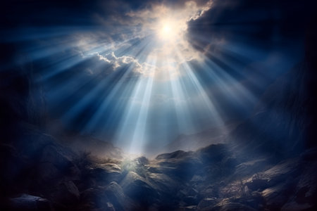 3d render of fantasy landscape with mountains and bright sun ray.の素材