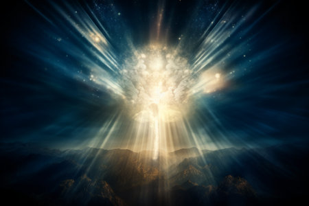 Image of explosion in the night sky with rays of light and smokeの素材